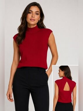 Express Red Mock Turtle Neck Knit Sweater Top | Keyhole Back | Chic Knit | Small